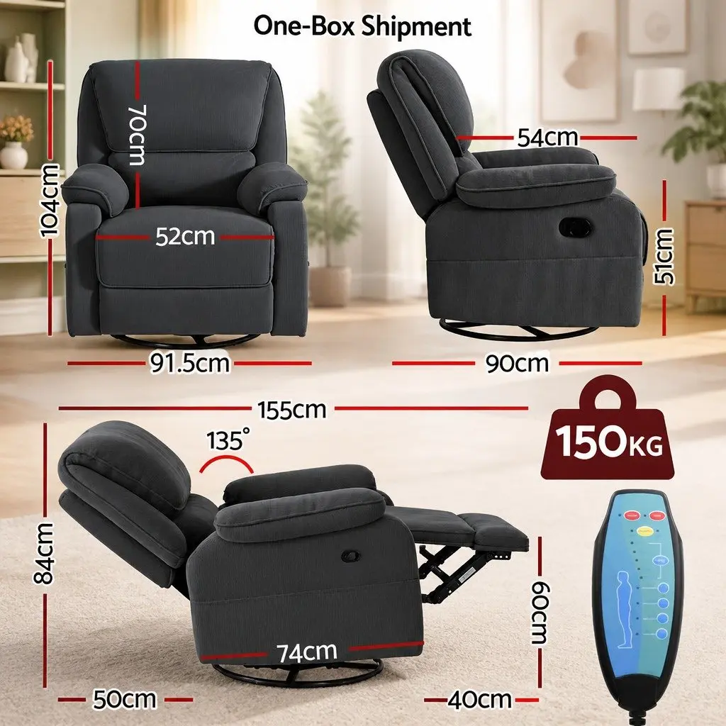 Rocking Recliner Chair Swivel 360 Grey Corduroy Adjustable Armchair