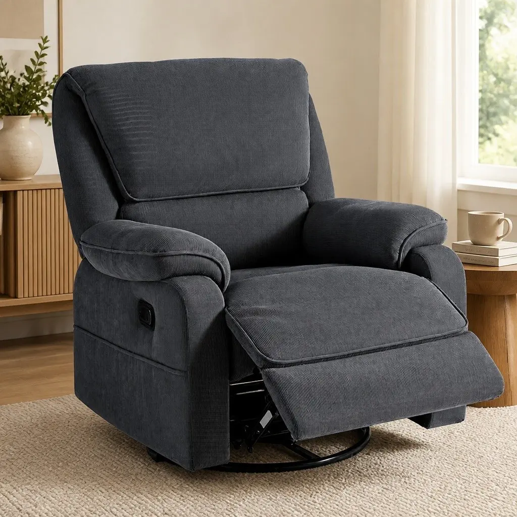 Rocking Recliner Chair Swivel 360 Grey Corduroy Adjustable Armchair