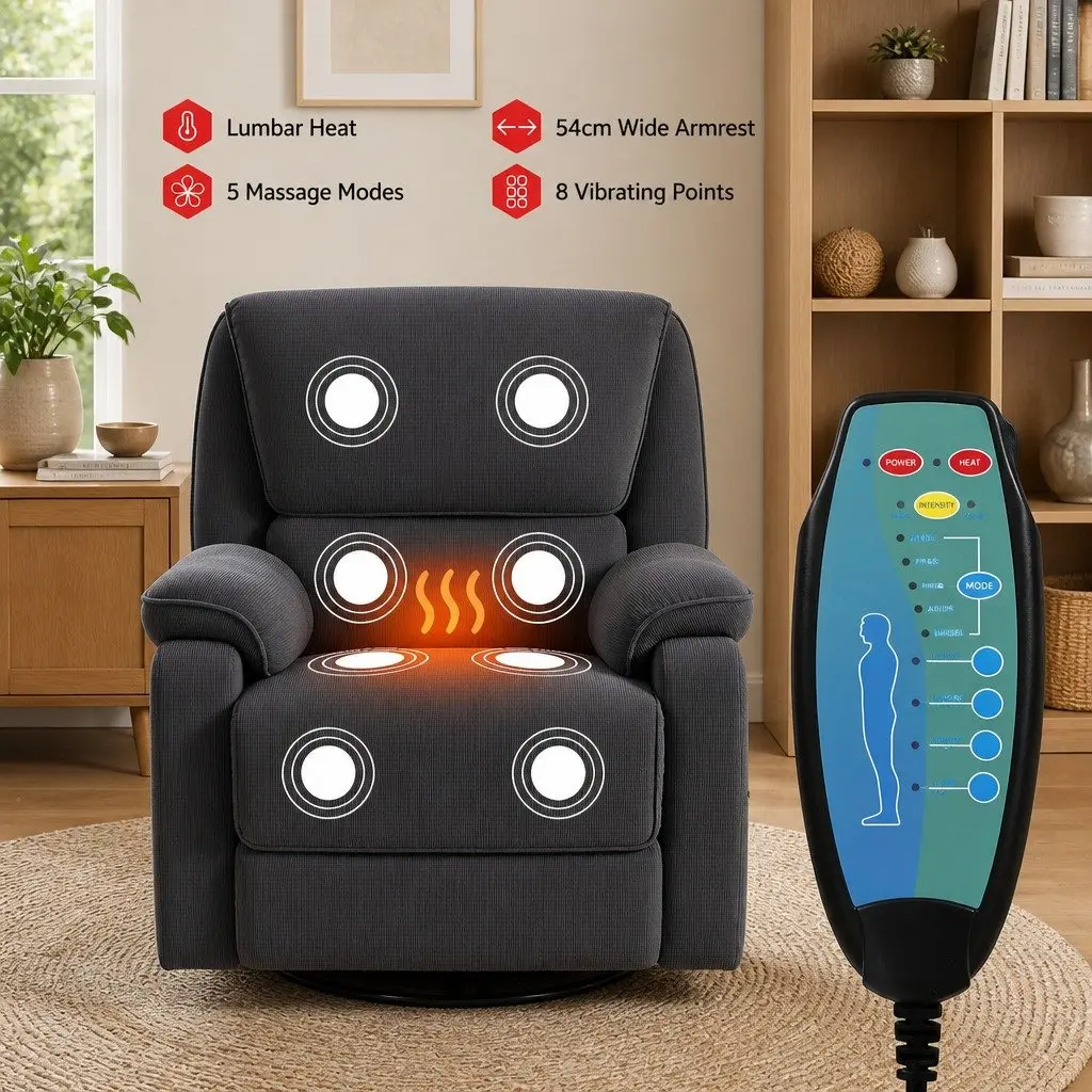 Rocking Recliner Chair Swivel 360 Grey Corduroy Adjustable Armchair