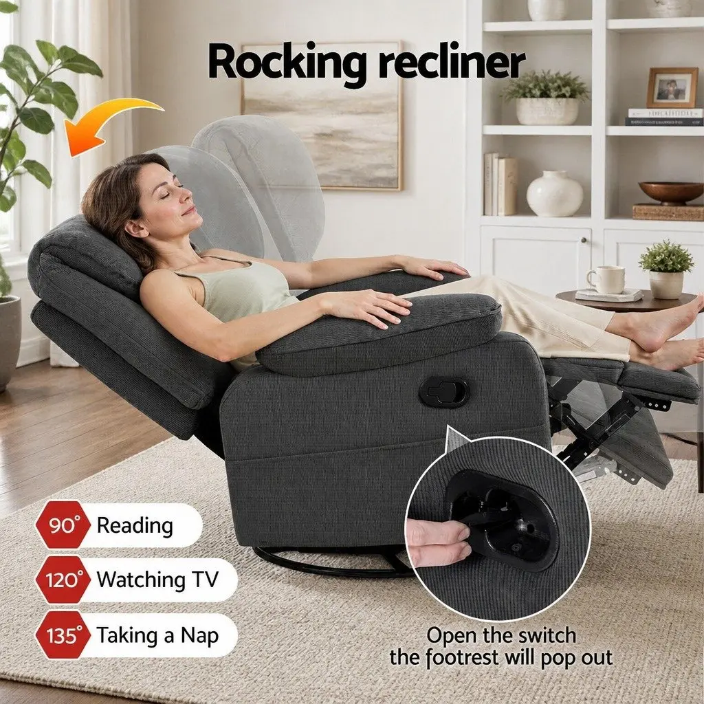 Rocking Recliner Chair Swivel 360 Grey Corduroy Adjustable Armchair