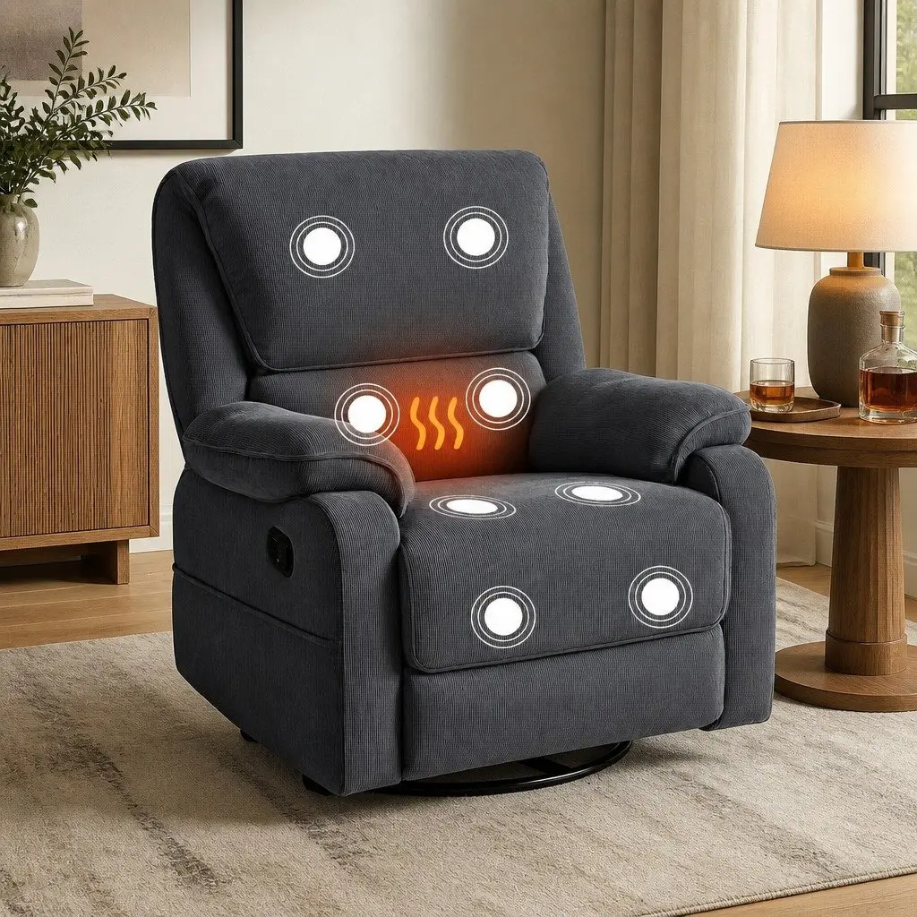 Rocking Recliner Chair Swivel 360 Grey Corduroy Adjustable Armchair