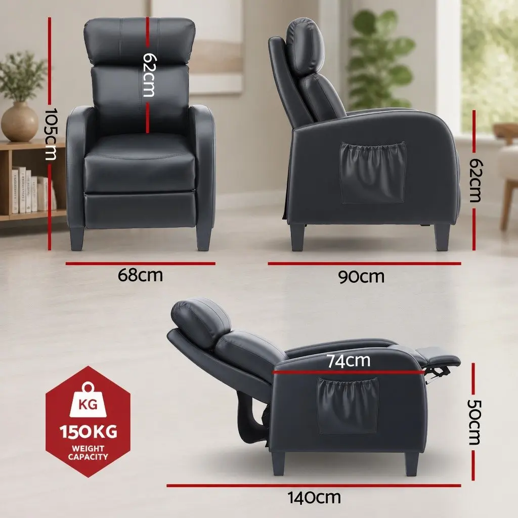 Massage Recliner Chair Black PU Leather Small Sofa Armchair 96 cm Wood Frame