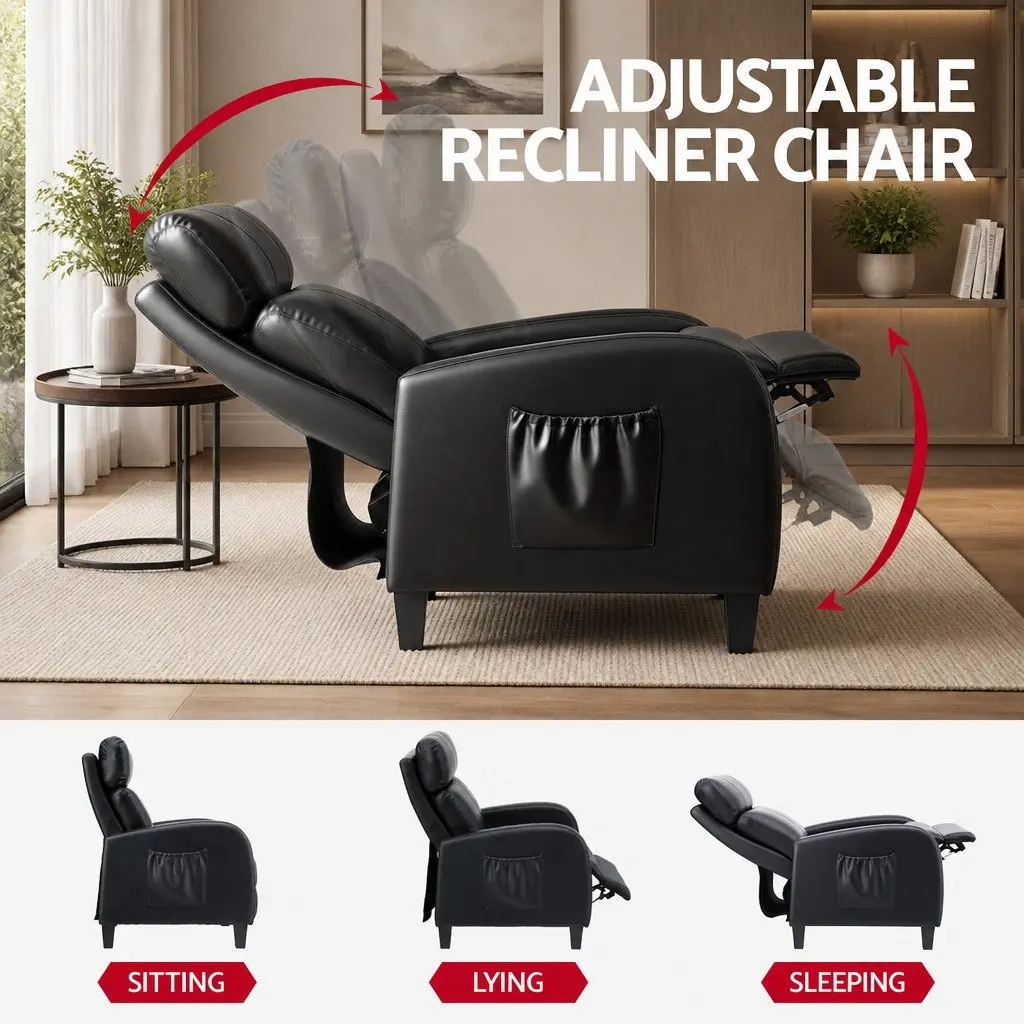 Massage Recliner Chair Black PU Leather Small Sofa Armchair 96 cm Wood Frame