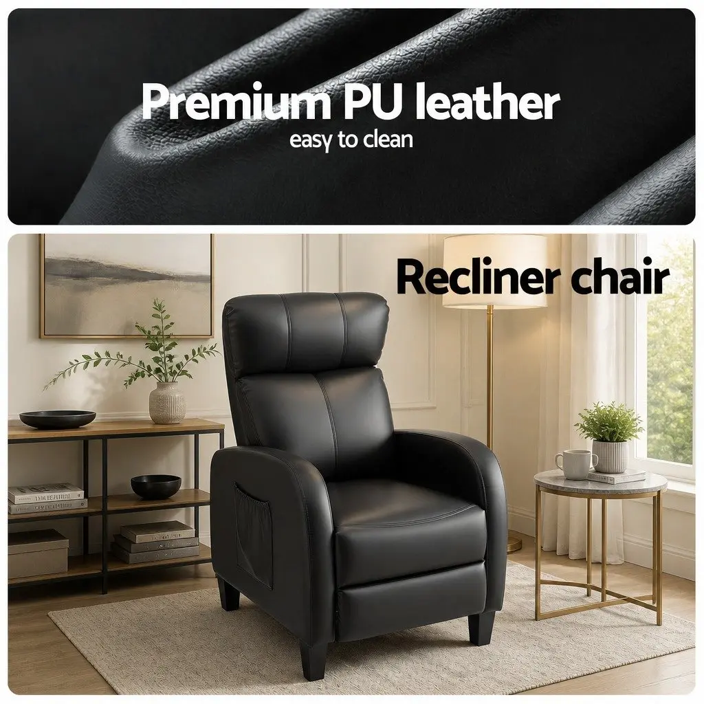 Massage Recliner Chair Black PU Leather Small Sofa Armchair 96 cm Wood Frame