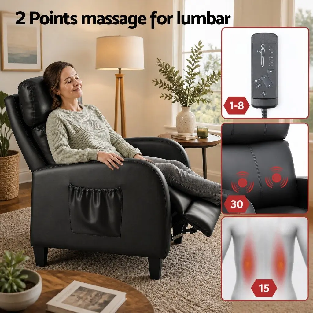 Massage Recliner Chair Black PU Leather Small Sofa Armchair 96 cm Wood Frame