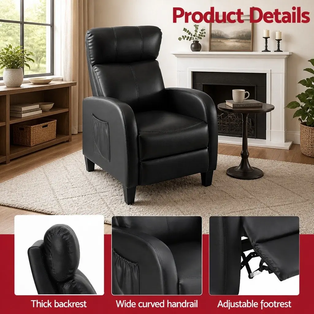 Massage Recliner Chair Black PU Leather Small Sofa Armchair 96 cm Wood Frame