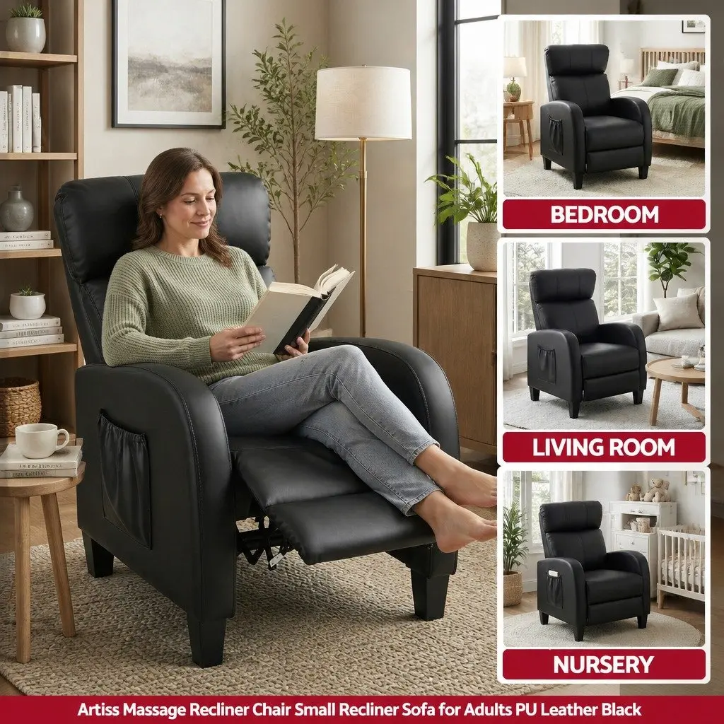 Massage Recliner Chair Black PU Leather Small Sofa Armchair 96 cm Wood Frame
