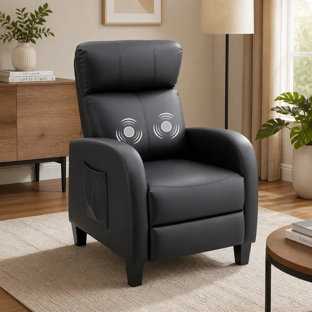 Massage Recliner Chair Black PU Leather Small Sofa Armchair 96 cm Wood Frame