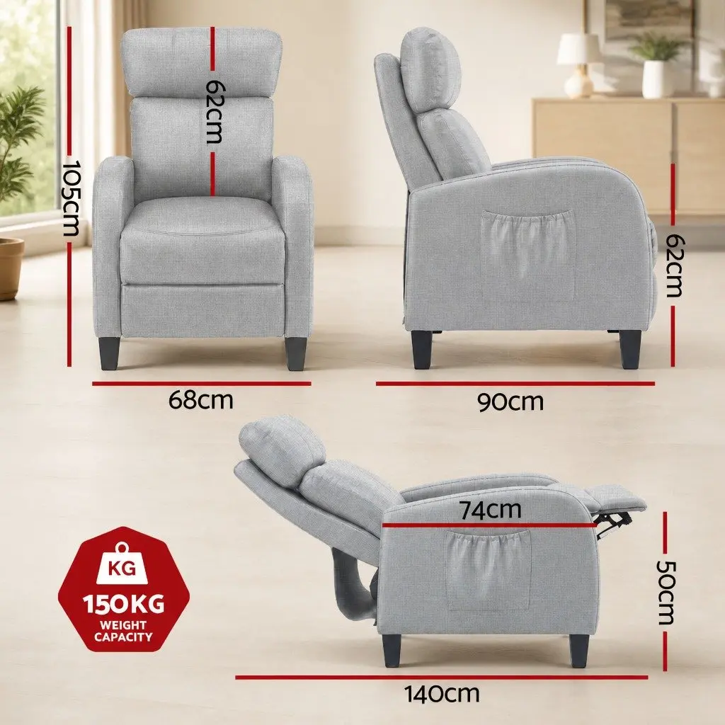 Massage Recliner Chair Grey Fabric Armchair Lounge Sofa Adjustable Recline