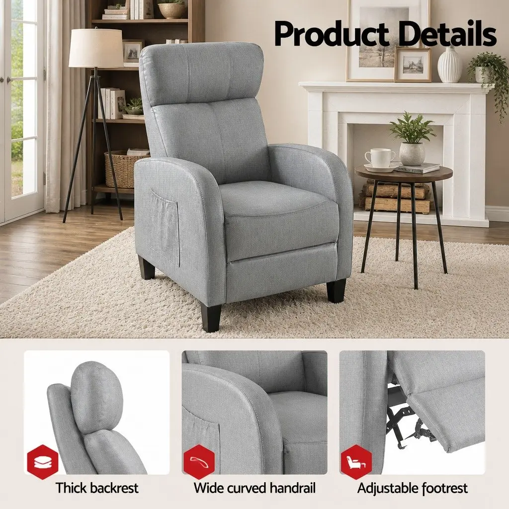 Massage Recliner Chair Grey Fabric Armchair Lounge Sofa Adjustable Recline