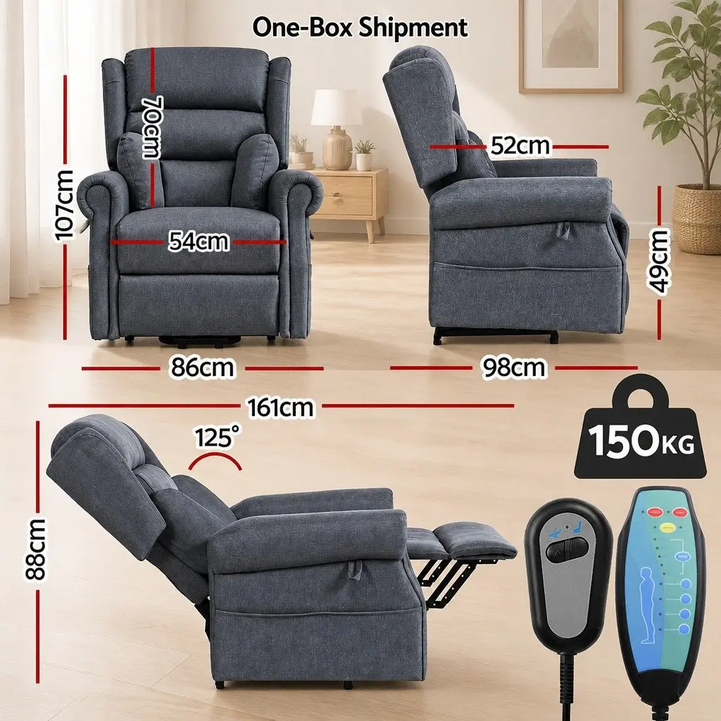 Electric Power Lift Recliner Chair Grey Fabric 130 Degrees Adjustable Armchair