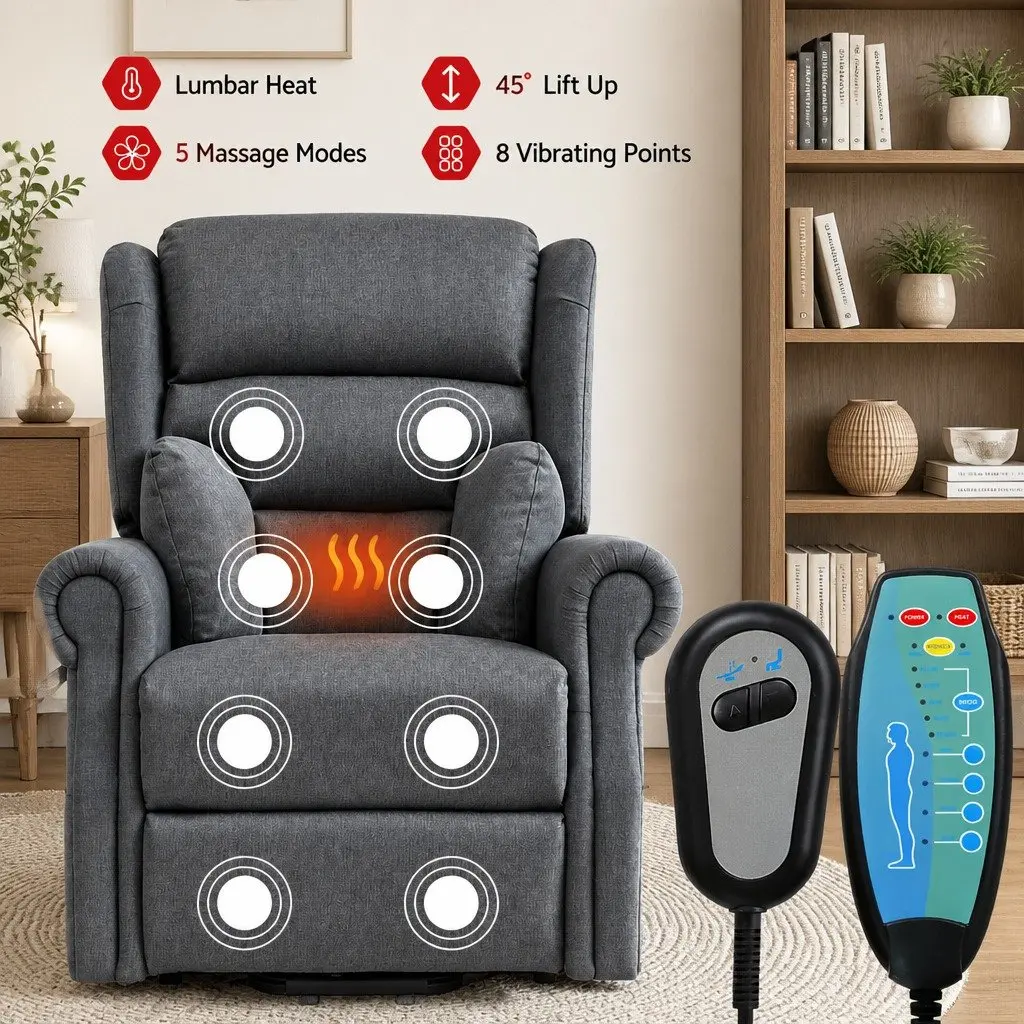 Electric Power Lift Recliner Chair Grey Fabric 130 Degrees Adjustable Armchair