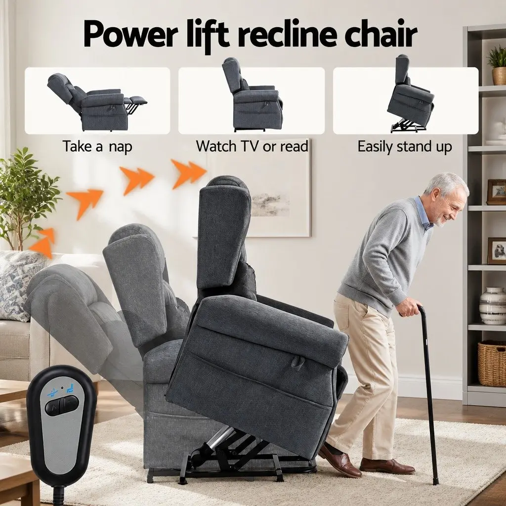 Electric Power Lift Recliner Chair Grey Fabric 130 Degrees Adjustable Armchair