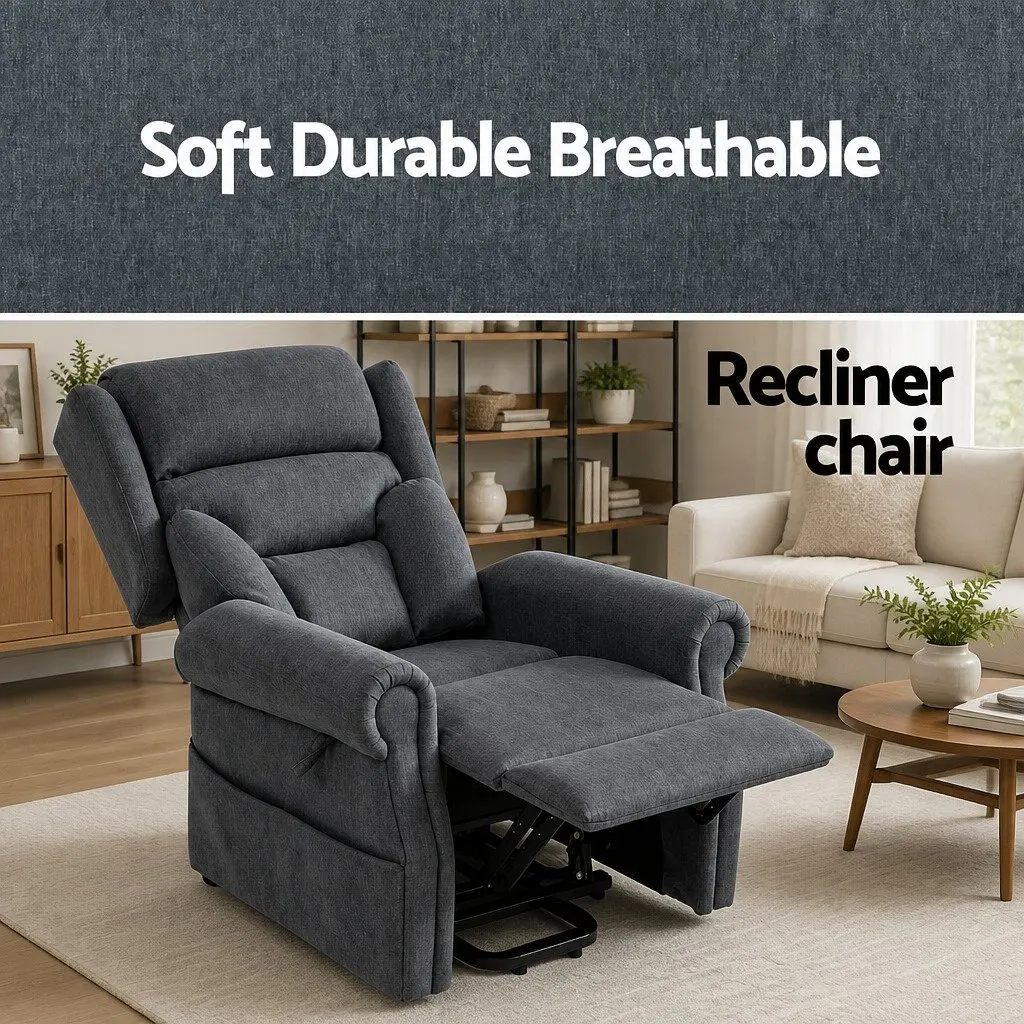 Electric Power Lift Recliner Chair Grey Fabric 130 Degrees Adjustable Armchair