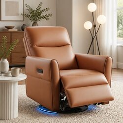 Brown PU Leather Swivel Recliner Chair with LED Lights