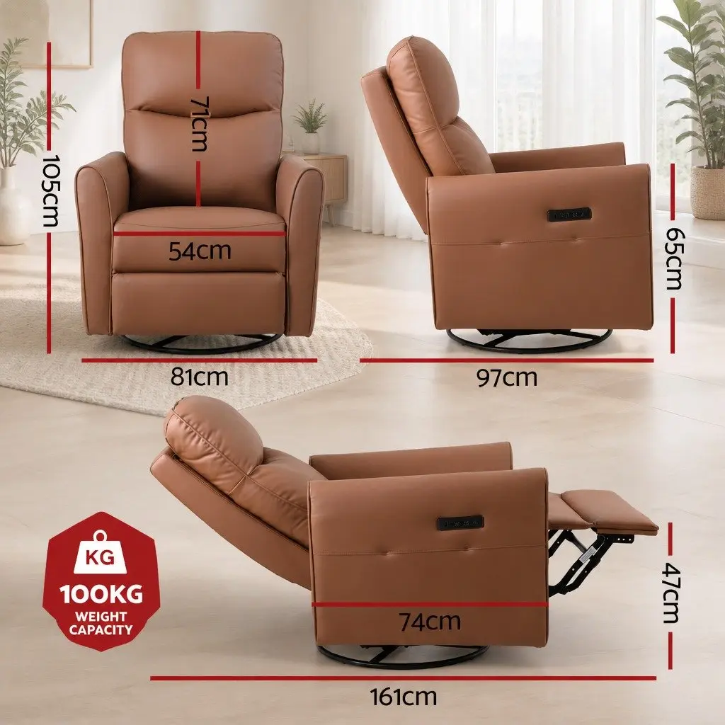 Electric Recliner Chair Brown PU Leather Swivel Adjustable Headrest Footrest 240 Degree 135 Degree Recline