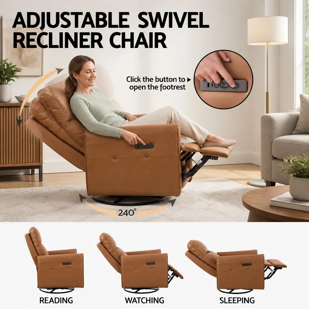 Electric Recliner Chair Brown PU Leather Swivel Adjustable Headrest Footrest 240 Degree 135 Degree Recline