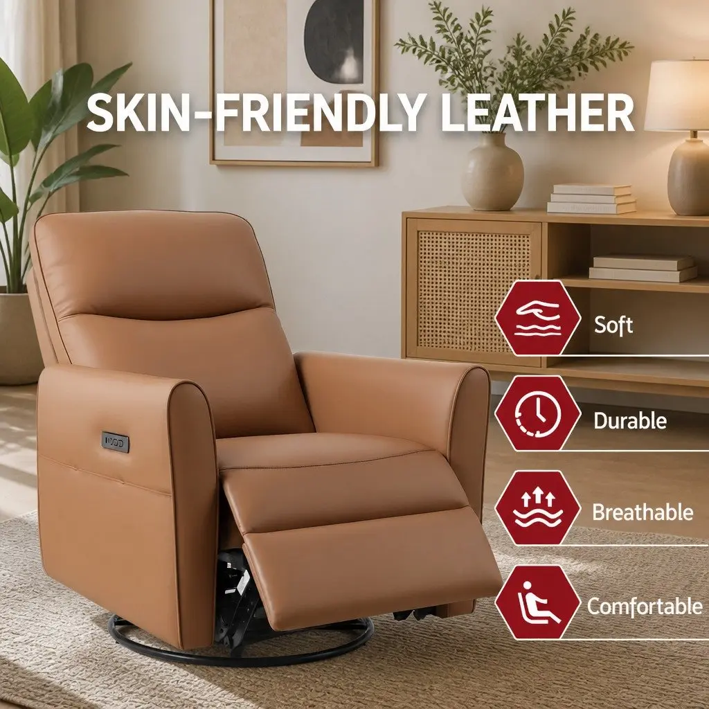 Electric Recliner Chair Brown PU Leather Swivel Adjustable Headrest Footrest 240 Degree 135 Degree Recline