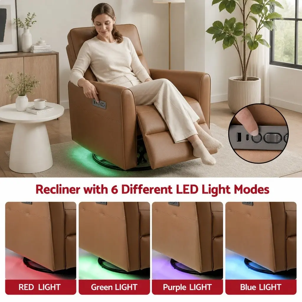 Electric Recliner Chair Brown PU Leather Swivel Adjustable Headrest Footrest 240 Degree 135 Degree Recline