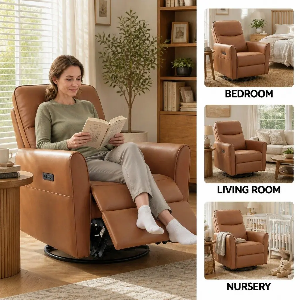 Electric Recliner Chair Brown PU Leather Swivel Adjustable Headrest Footrest 240 Degree 135 Degree Recline