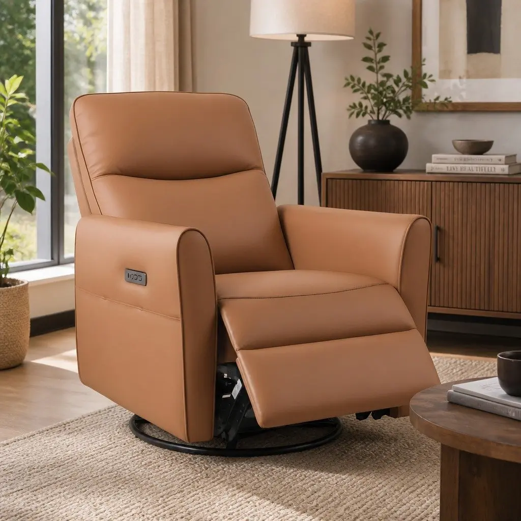 Electric Recliner Chair Brown PU Leather Swivel Adjustable Headrest Footrest 240 Degree 135 Degree Recline