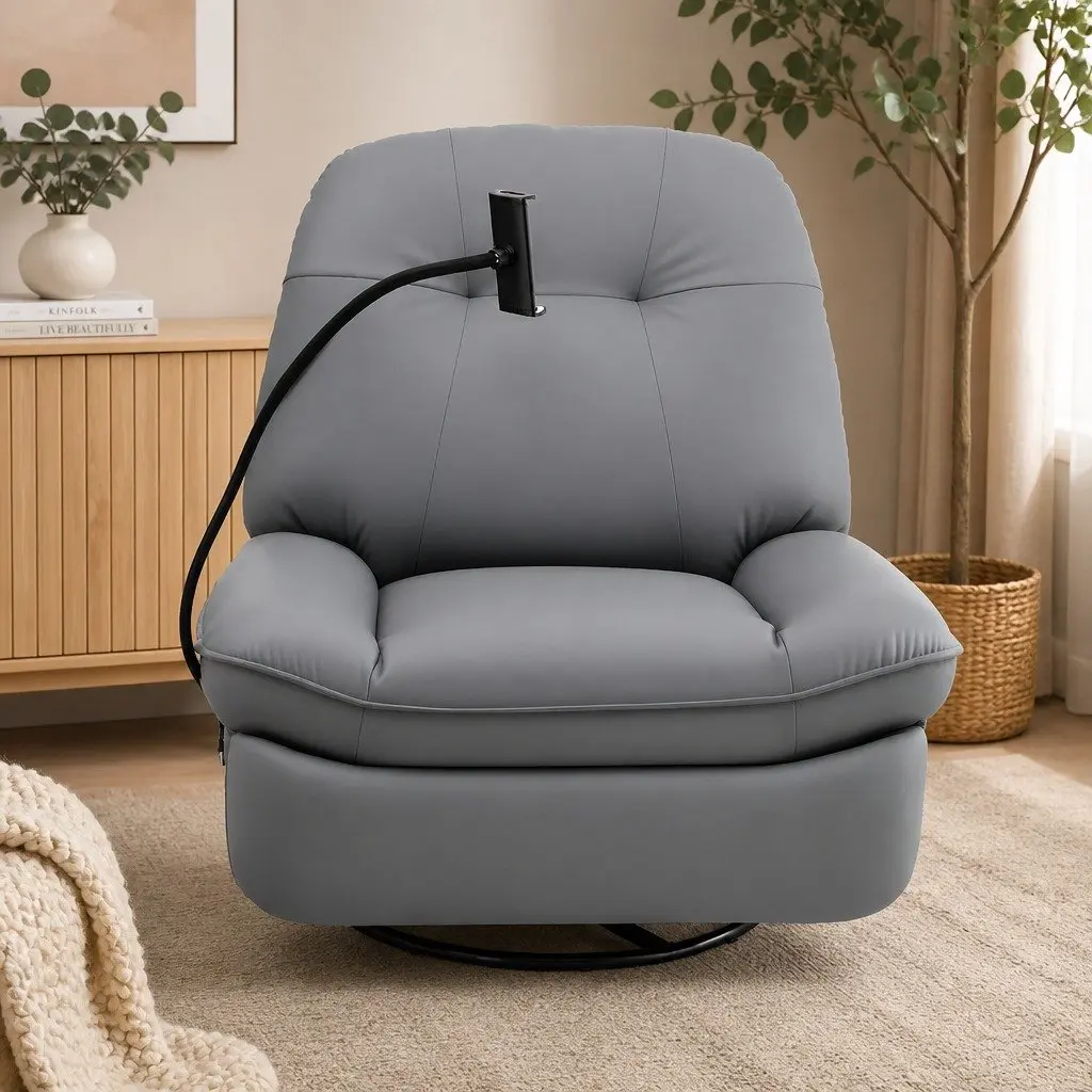 Manual Swivel Rocker Recliner Chair Grey PU Leather