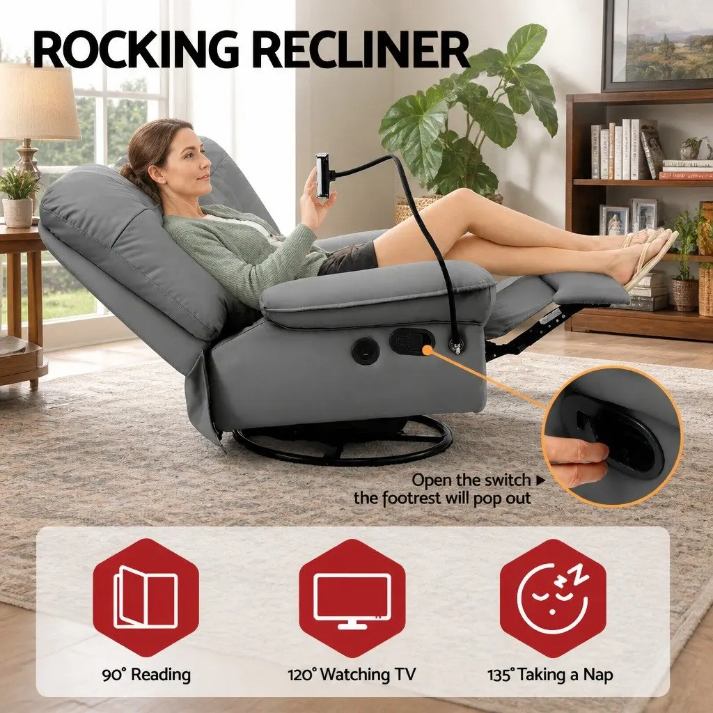 Manual Swivel Rocker Recliner Chair Grey PU Leather