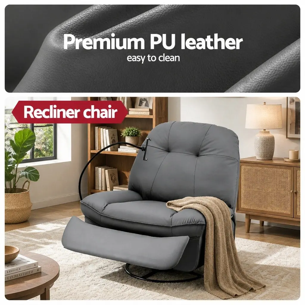 Manual Swivel Rocker Recliner Chair Grey PU Leather