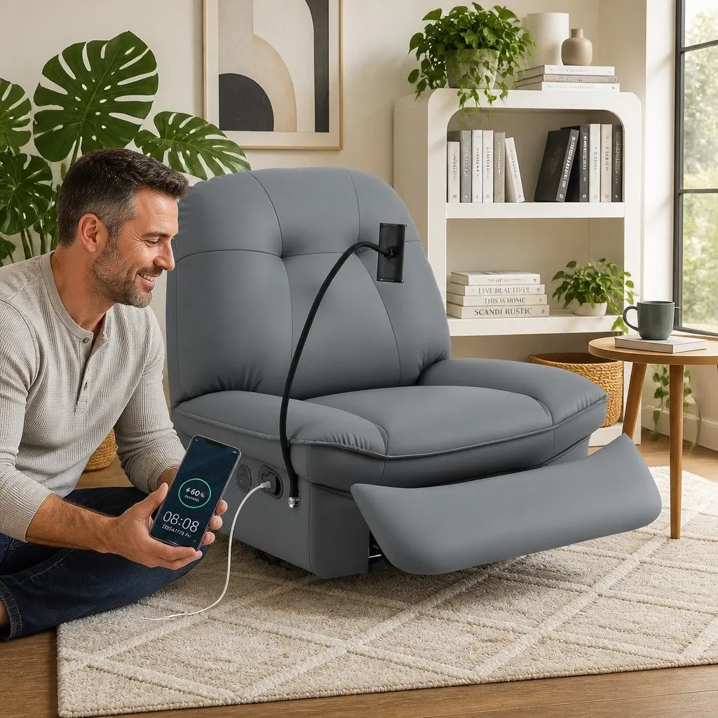 Manual Swivel Rocker Recliner Chair Grey PU Leather