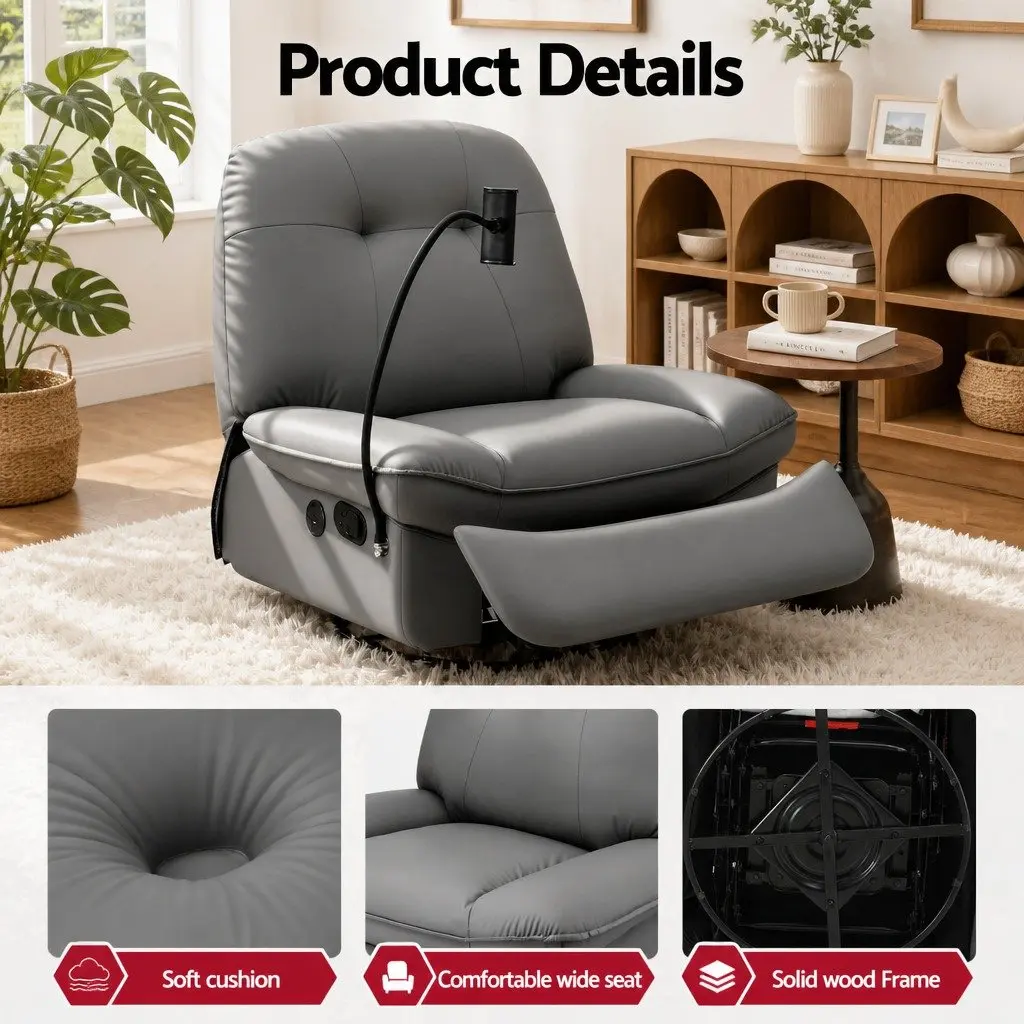 Manual Swivel Rocker Recliner Chair Grey PU Leather