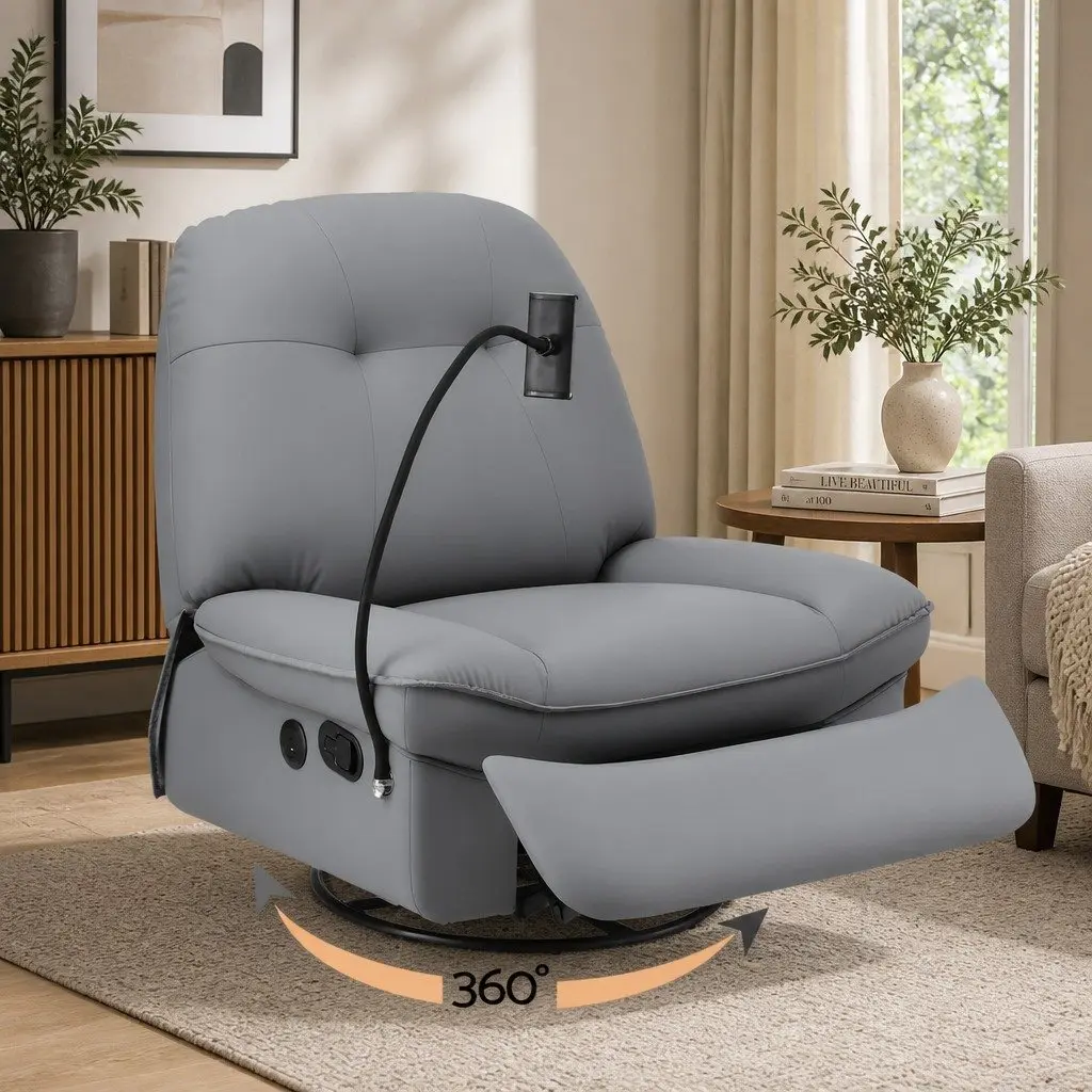 Manual Swivel Rocker Recliner Chair Grey PU Leather