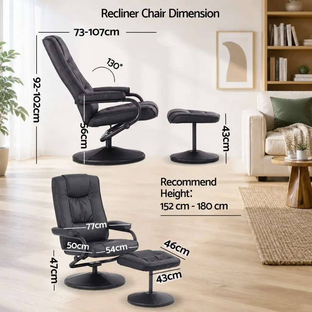 Recliner Chair with Ottoman Swivel 360-Degree Black PU Leather