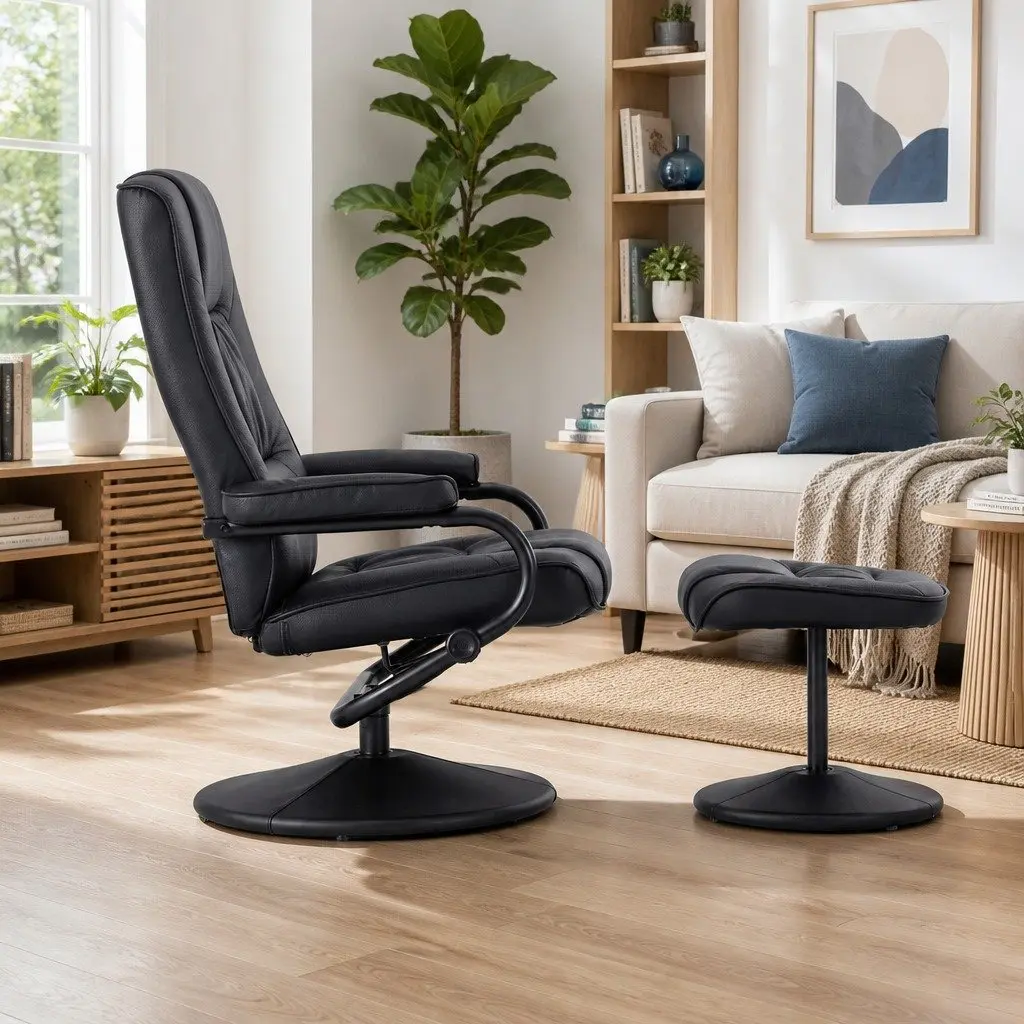 Recliner Chair with Ottoman Swivel 360-Degree Black PU Leather