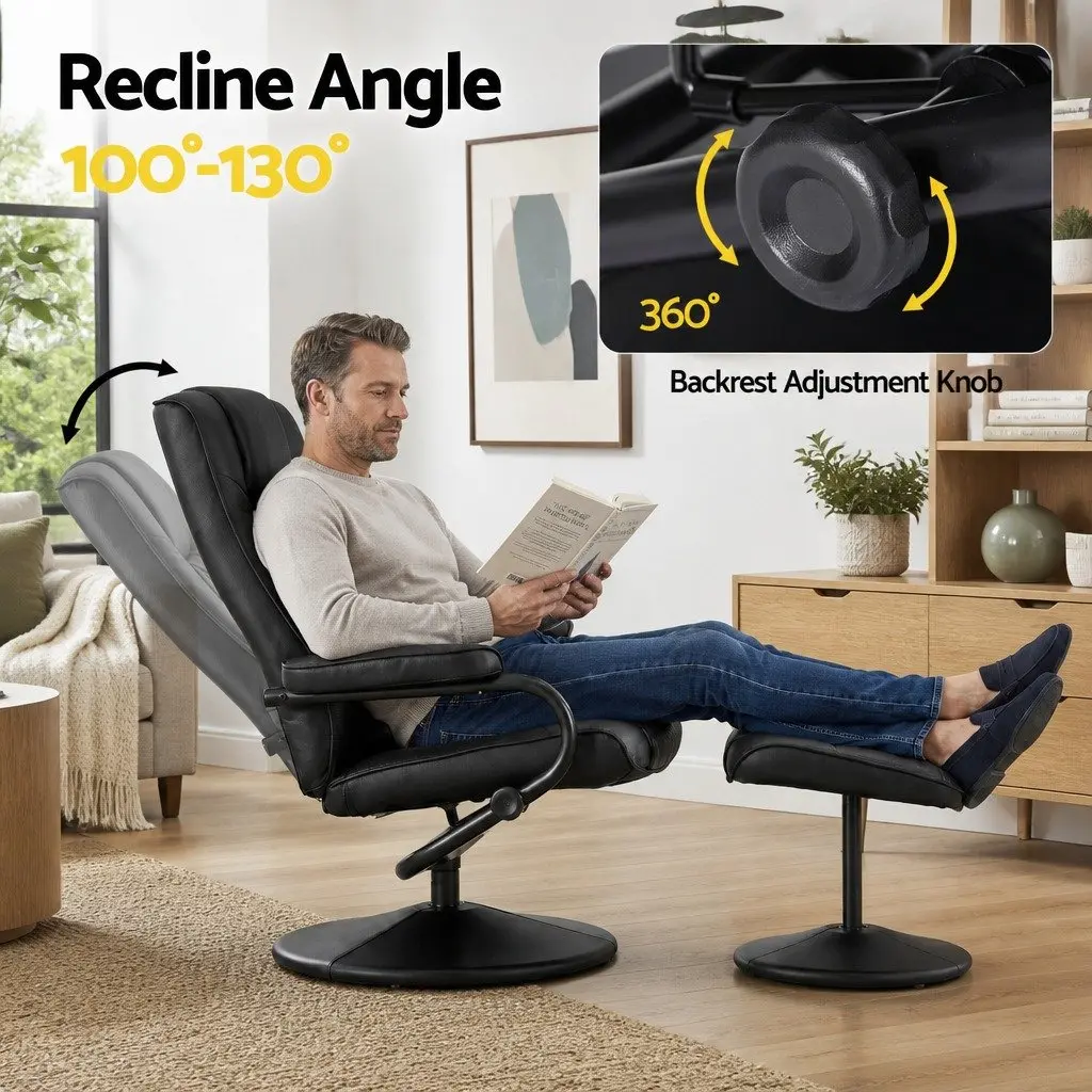 Recliner Chair with Ottoman Swivel 360-Degree Black PU Leather