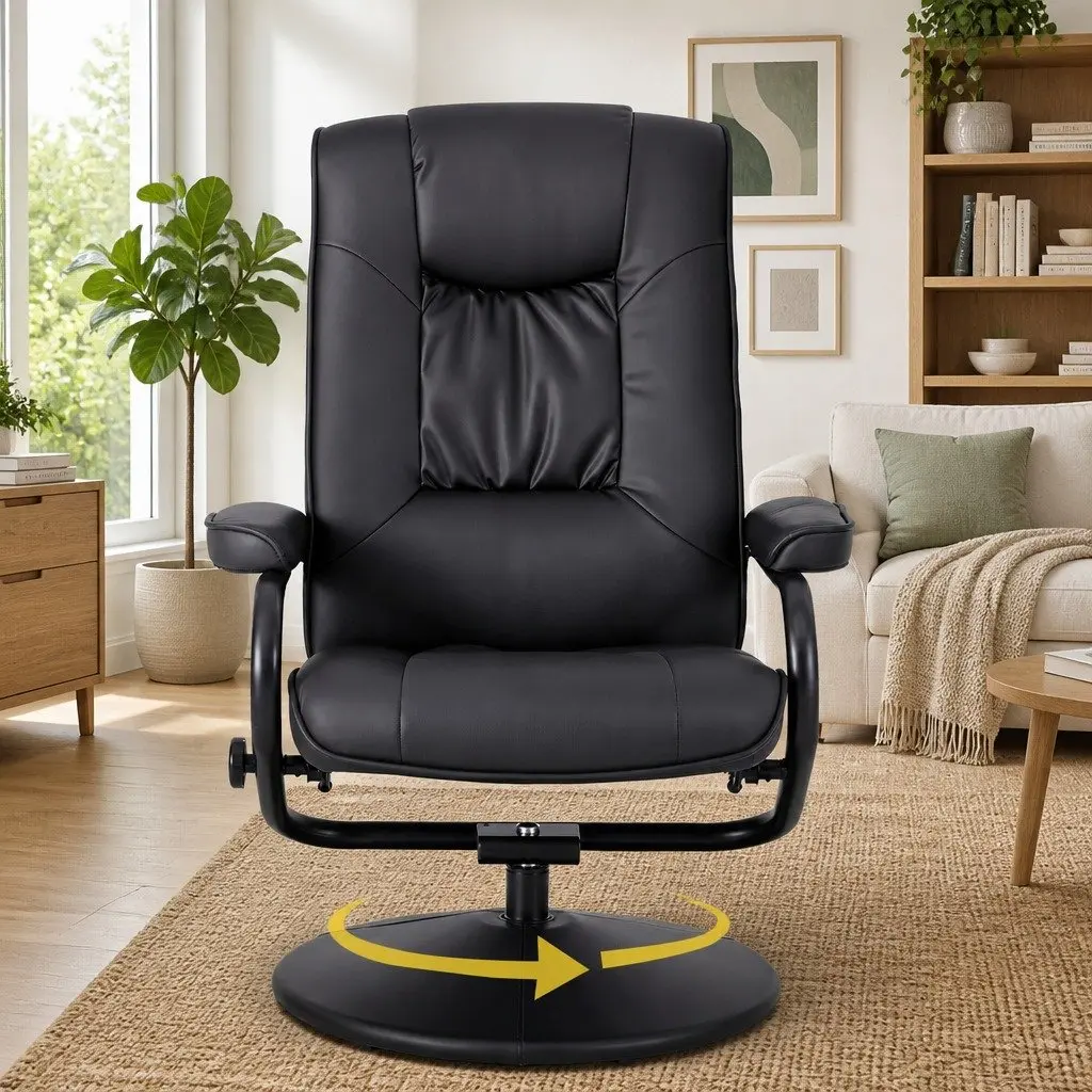 Recliner Chair with Ottoman Swivel 360-Degree Black PU Leather