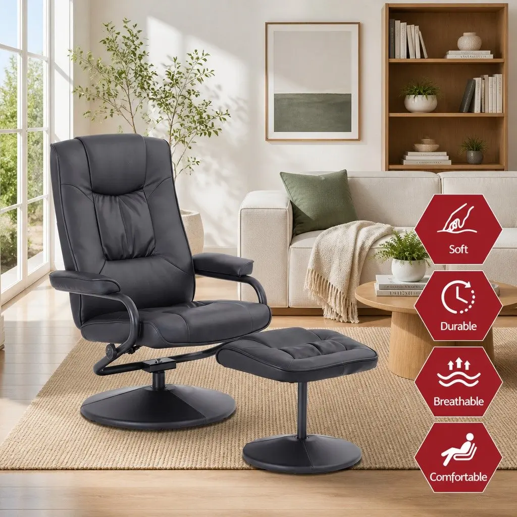Recliner Chair with Ottoman Swivel 360-Degree Black PU Leather