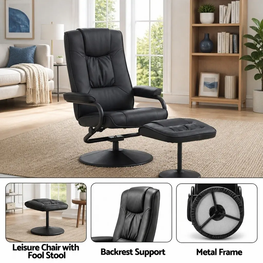 Recliner Chair with Ottoman Swivel 360-Degree Black PU Leather