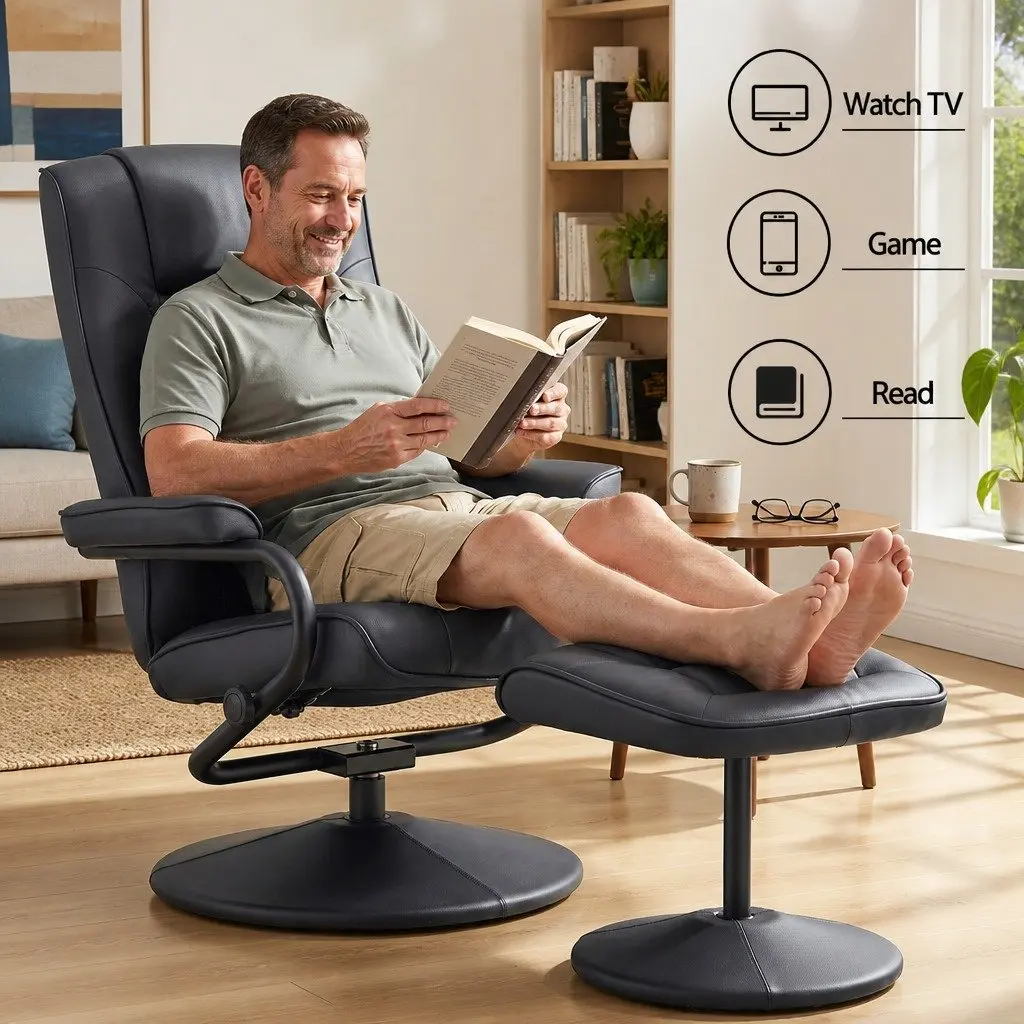 Recliner Chair with Ottoman Swivel 360-Degree Black PU Leather