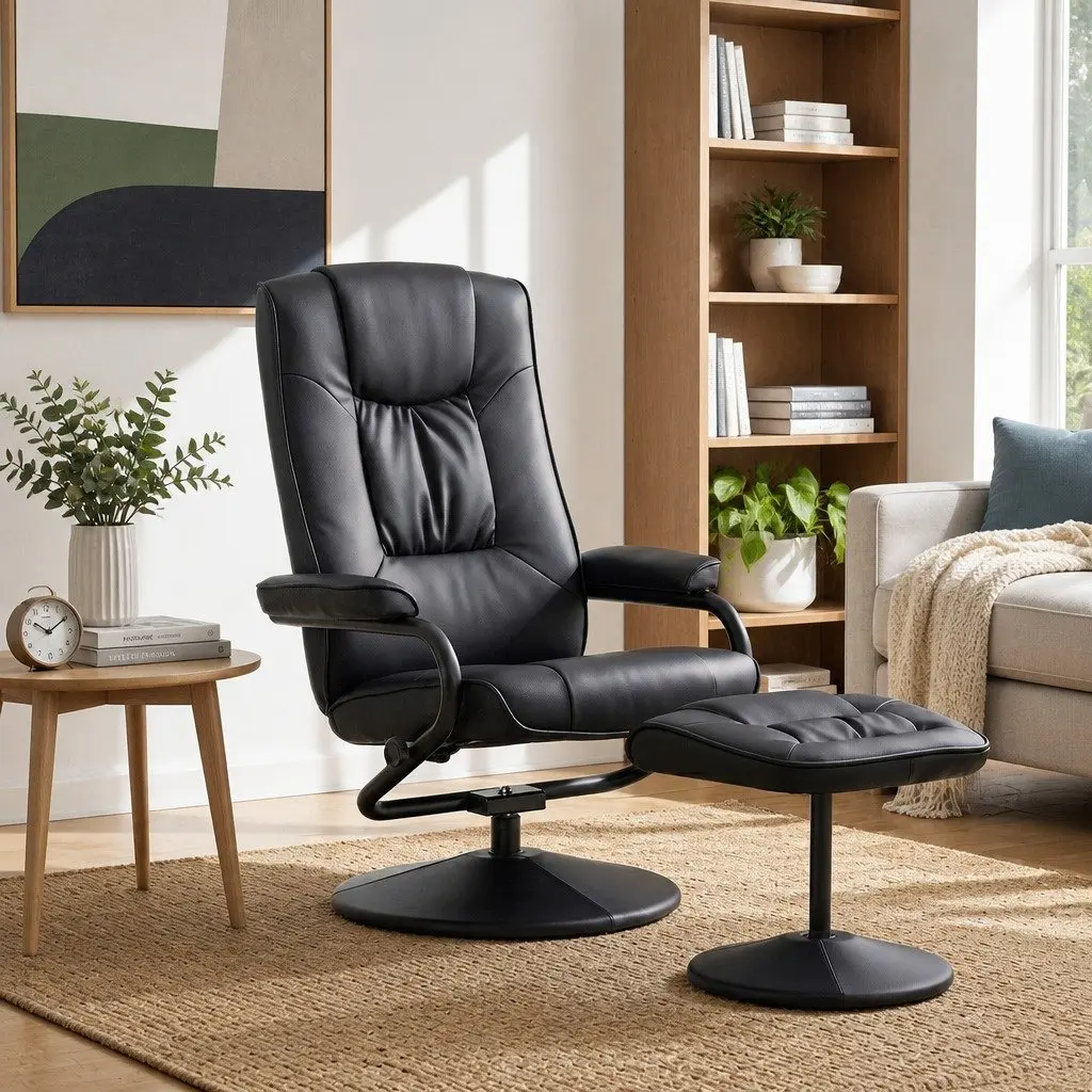 Recliner Chair with Ottoman Swivel 360-Degree Black PU Leather