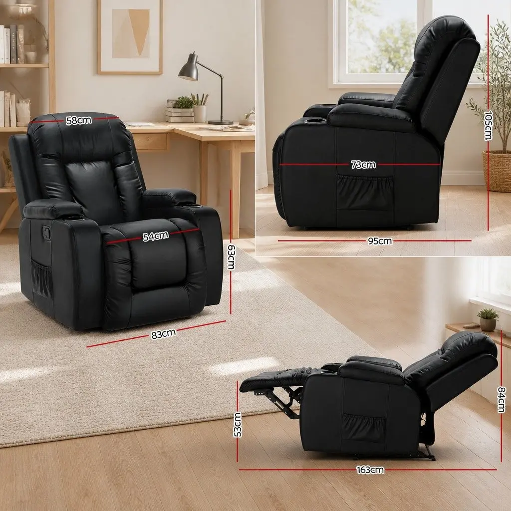 Electric Massage Recliner Chair Heated Black Faux Leather Adjustable Backrest with Footrest