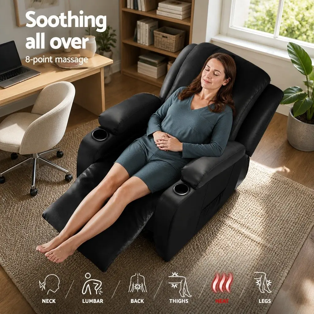 Electric Massage Recliner Chair Heated Black Faux Leather Adjustable Backrest with Footrest