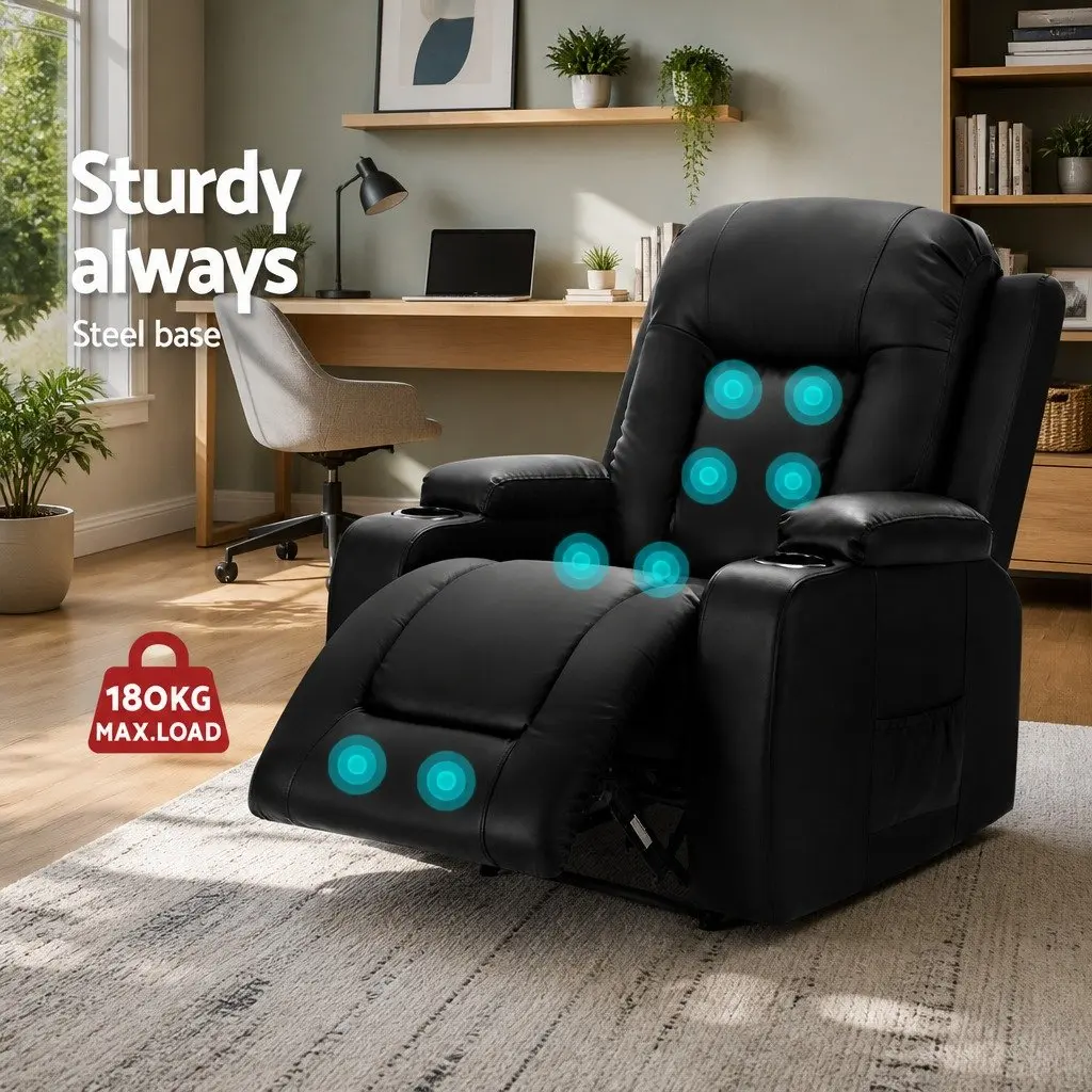 Electric Massage Recliner Chair Heated Black Faux Leather Adjustable Backrest with Footrest