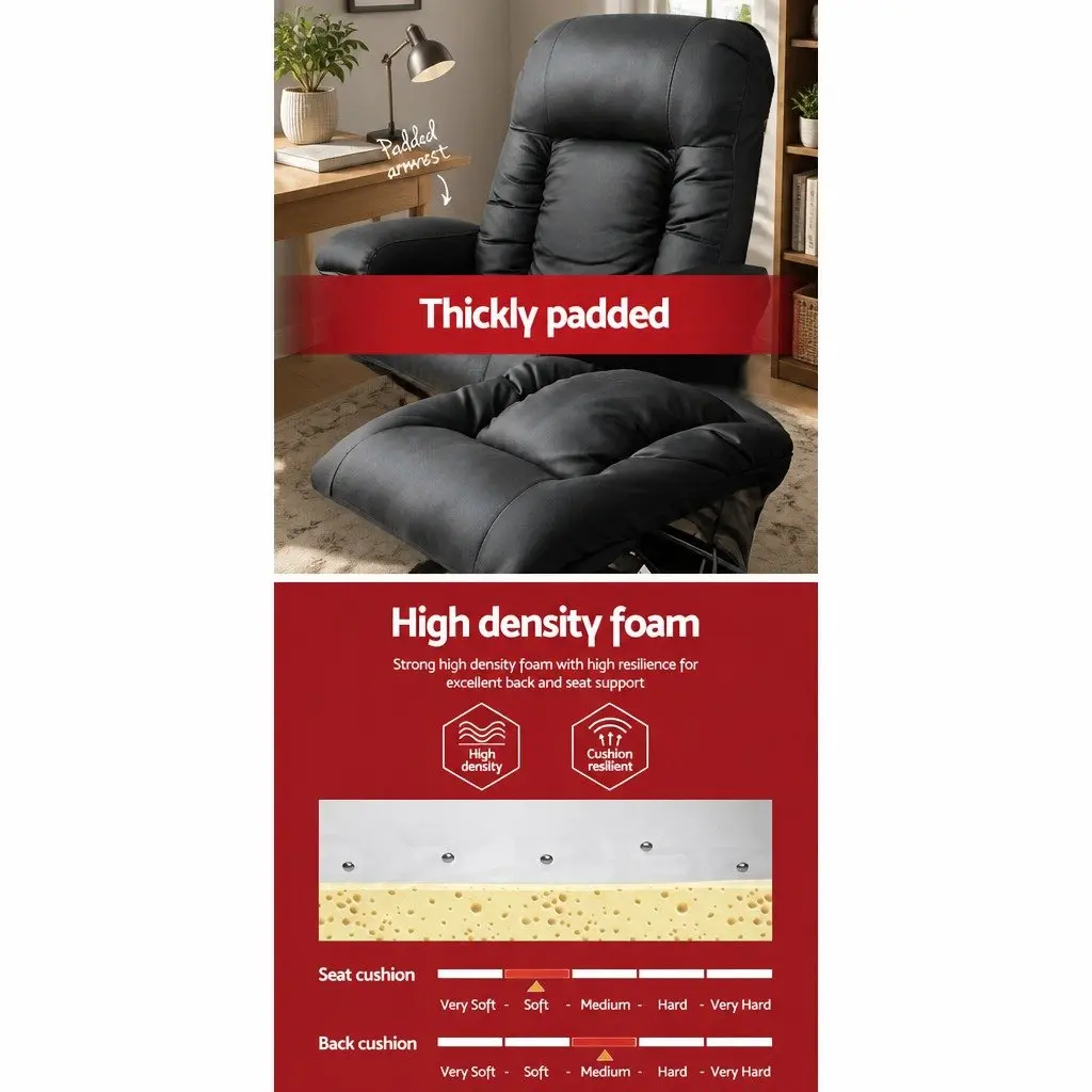 Electric Massage Recliner Chair Heated Black Faux Leather Adjustable Backrest with Footrest