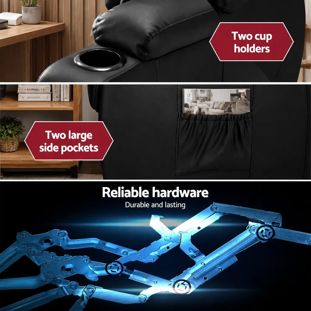 Electric Massage Recliner Chair Heated Black Faux Leather Adjustable Backrest with Footrest