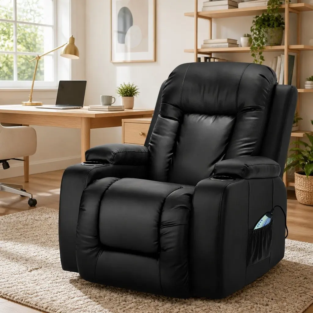 Electric Massage Recliner Chair Heated Black Faux Leather Adjustable Backrest with Footrest