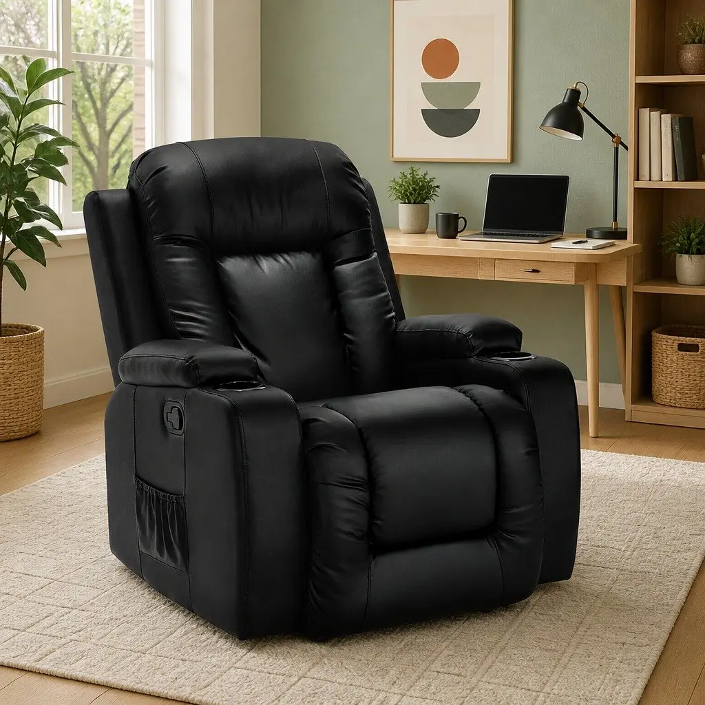 Electric Massage Recliner Chair Heated Black Faux Leather Adjustable Backrest with Footrest