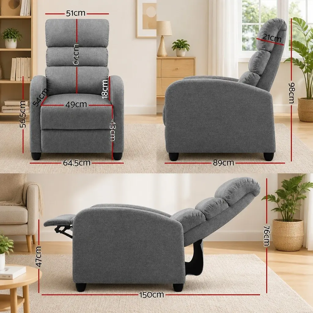 Grey Fabric Recliner Armchair with Adjustable Backrest