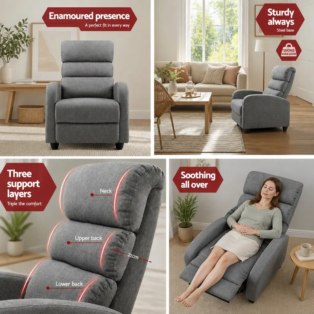Grey Fabric Recliner Armchair with Adjustable Backrest