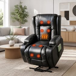 Lift Assist Massage Recliner Chair with Heat – Black Leather
