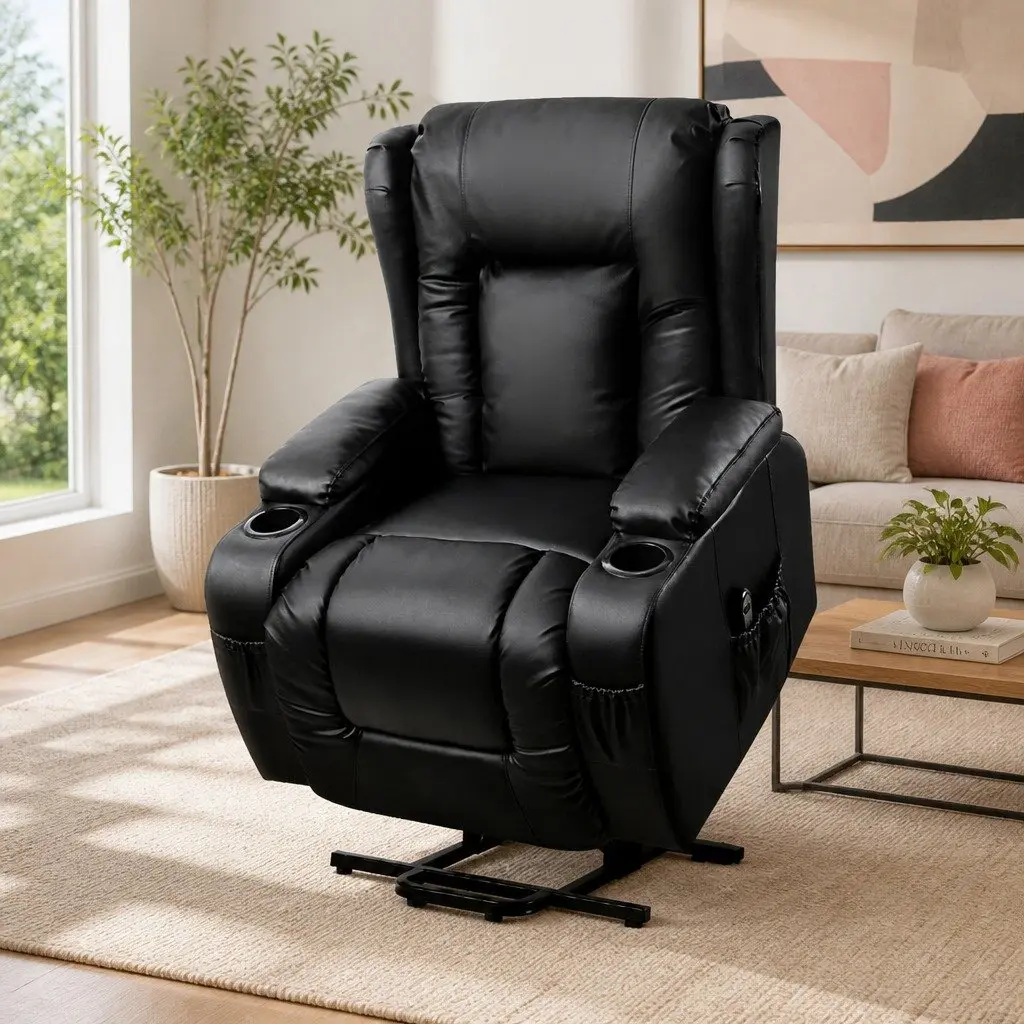 Recliner Massage Chair Adjustable Heated Lift Assist Black PU Leather
